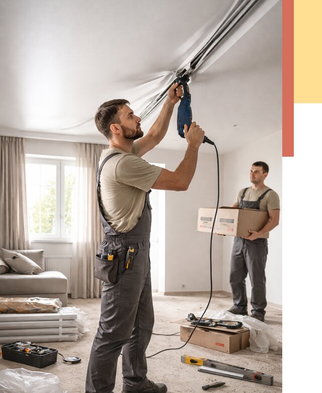 Монтаж сатинового натяжного потолка в Усть-Лабинске от 3576 руб. | Быстро, недорого — ОТДЕЛОЧНИК-Улб