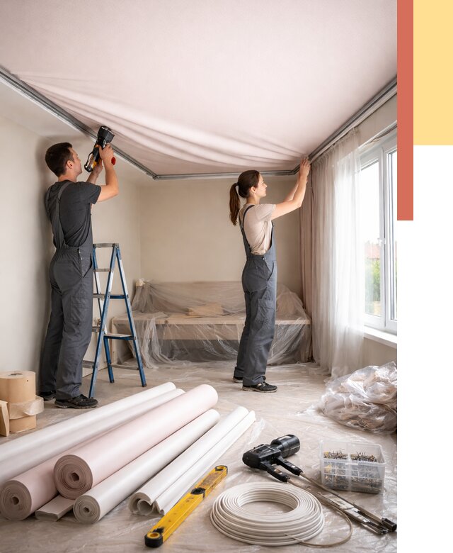 Монтаж цветного натяжного потолка в Усть-Лабинске от 4291 руб/м² — быстро и недорого | ОТДЕЛОЧНИК-Улб