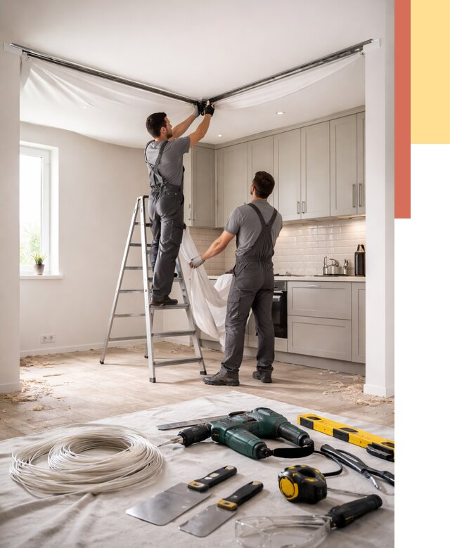 Установка натяжного потолка на кухне в Усть-Лабинске от 2452 руб. | ОТДЕЛОЧНИК-Улб