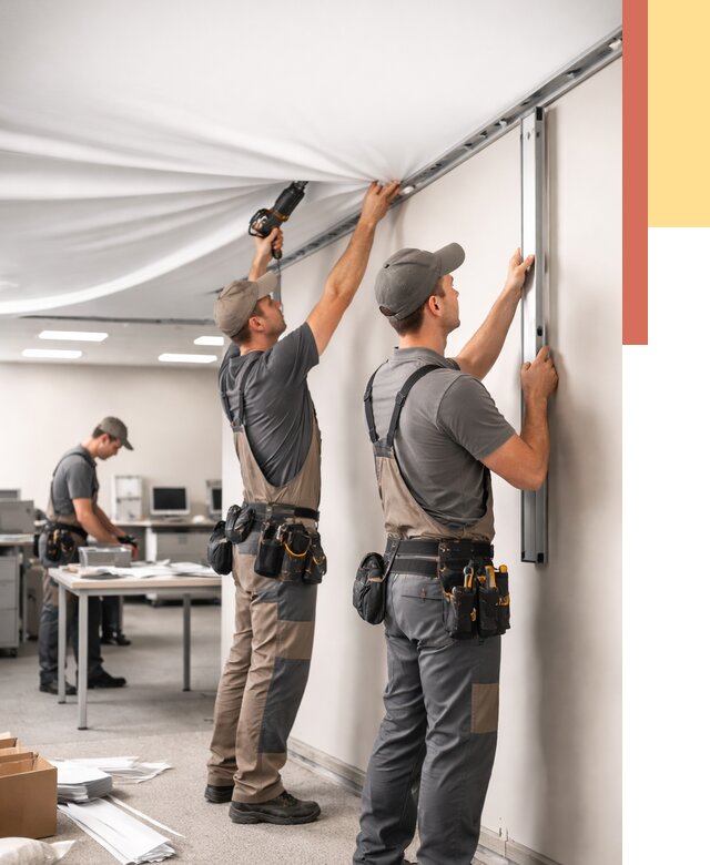 Монтаж натяжного потолка в офисе в Усть-Лабинске от 460 руб/м² — быстро и недорого | ОТДЕЛОЧНИК-Улб