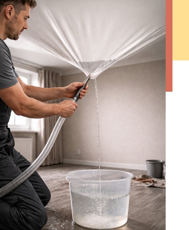 Слив воды с натяжного потолка в Усть-Лабинске от 2554 руб. быстро и недорого | ОТДЕЛОЧНИК-Улб